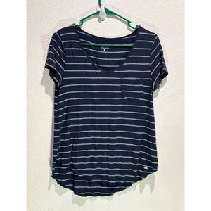 Hollister Women Short‎ Sleeve Loose V Neck Navy White Stripe Pocket Casual Top